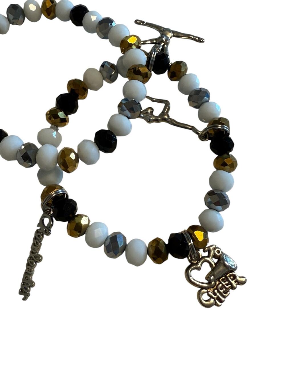 Set of 2 New White Gold Black Silver Cheer Cheerleading Beaded Bracelet